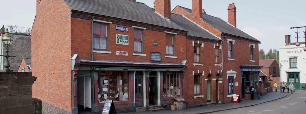Historic red-brick street of shops at Black Country Living Museum