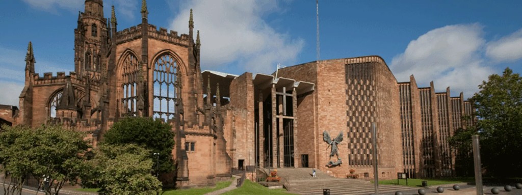 Coventry Cathedral ruins alongside the modern cathedral building