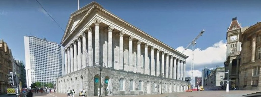 Birmingham Town Hall colonnade in Victoria Square