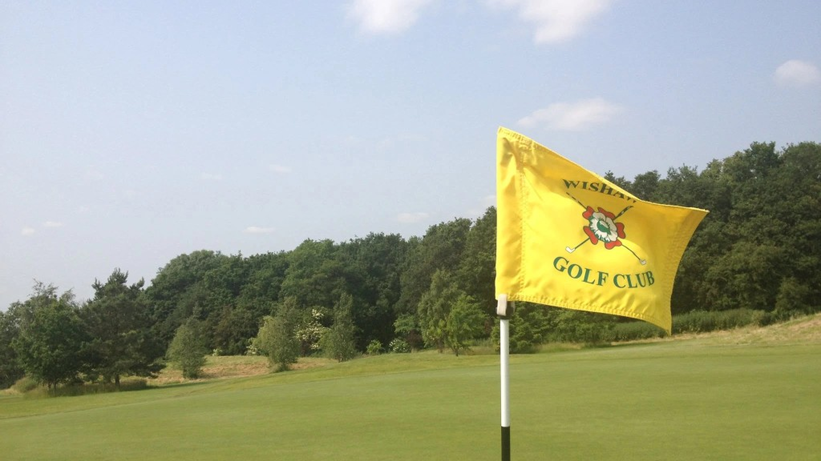 Wishaw Golf Club yellow flag on the green with woodland backdrop