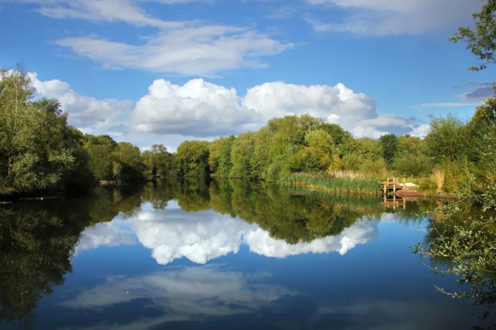 Kingsbury Water Park lakeside path with woodland and open water