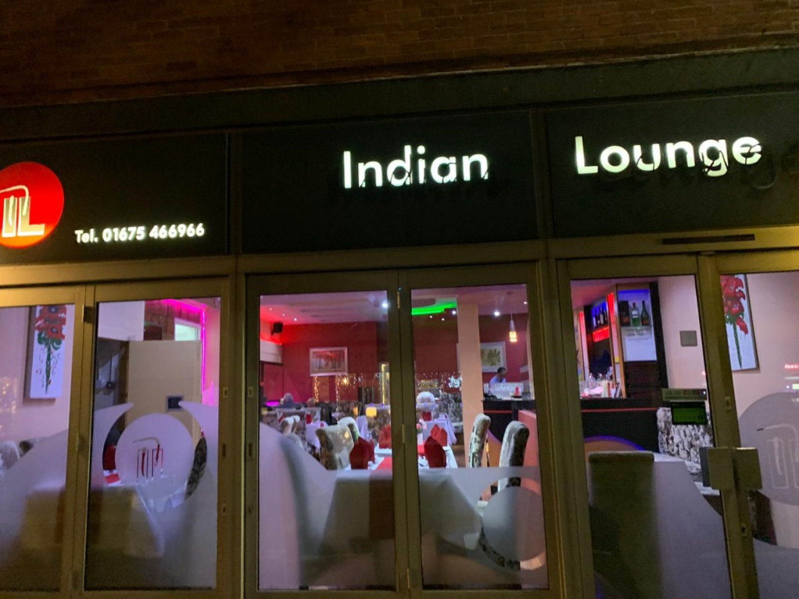 Indian Lounge restaurant exterior on Coleshill High Street at night