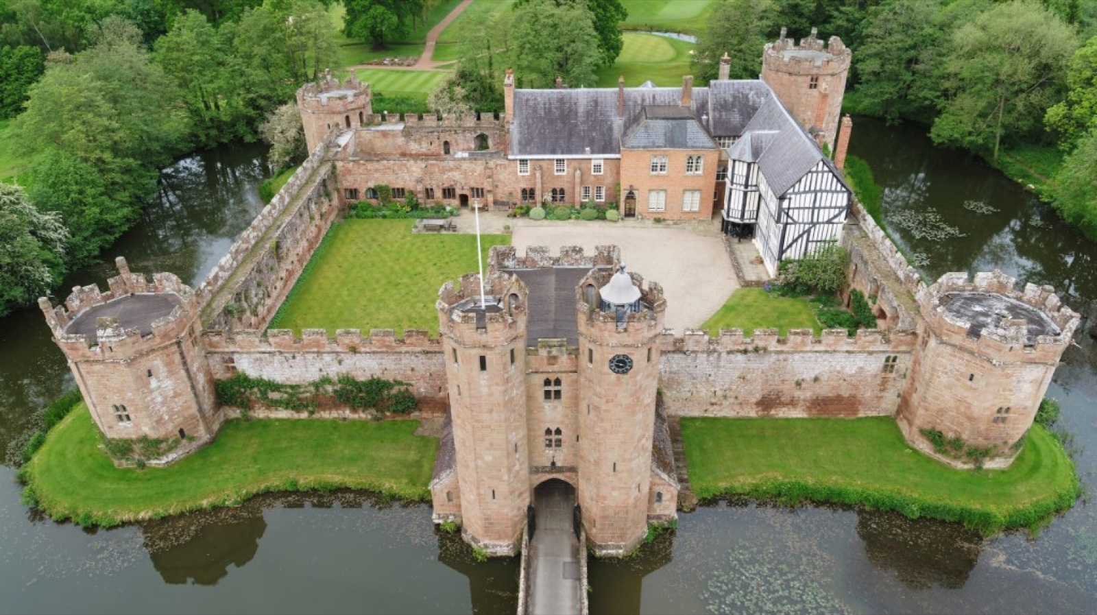 Aerial view of Maxstoke Castle moated medieval towers